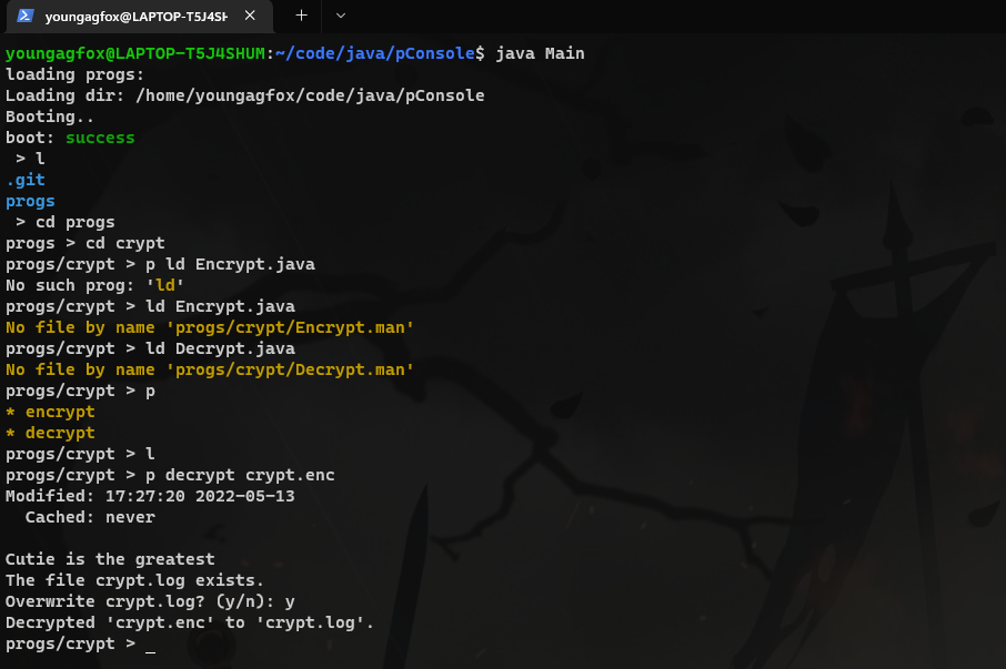 pConsole in action on the command line, dynamically loading in a java file and running it.