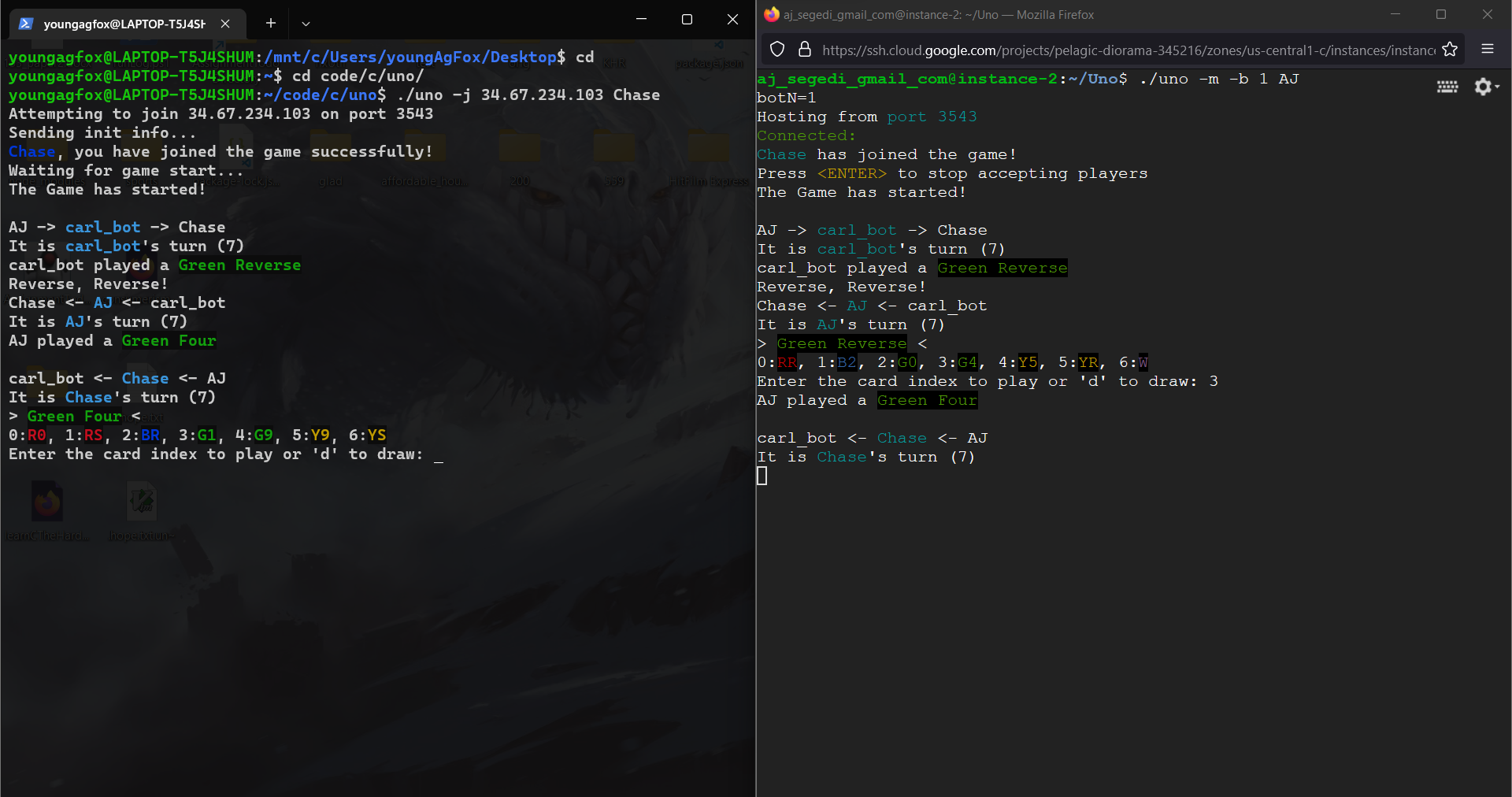 Image of UNO on the command line, playing from a Google cloud compute engine